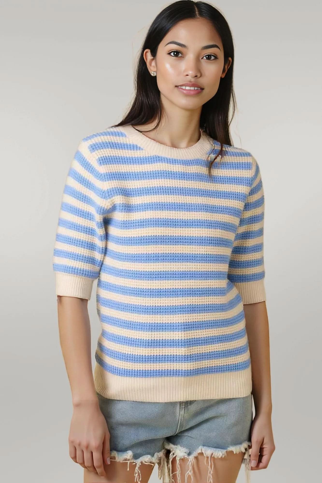 Short Sleeve Sweater Knit Stripe Top