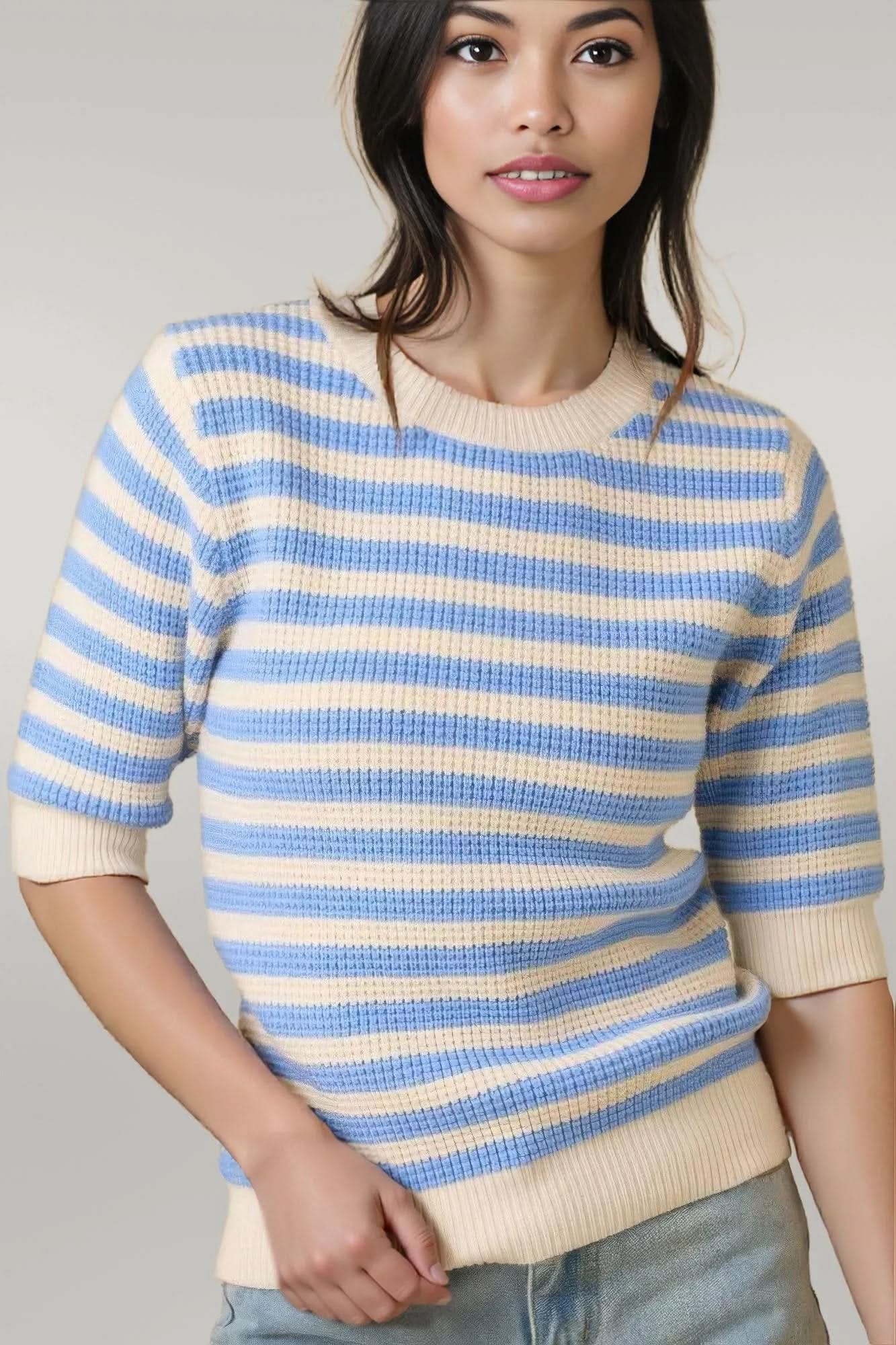 Short Sleeve Sweater Knit Stripe Top