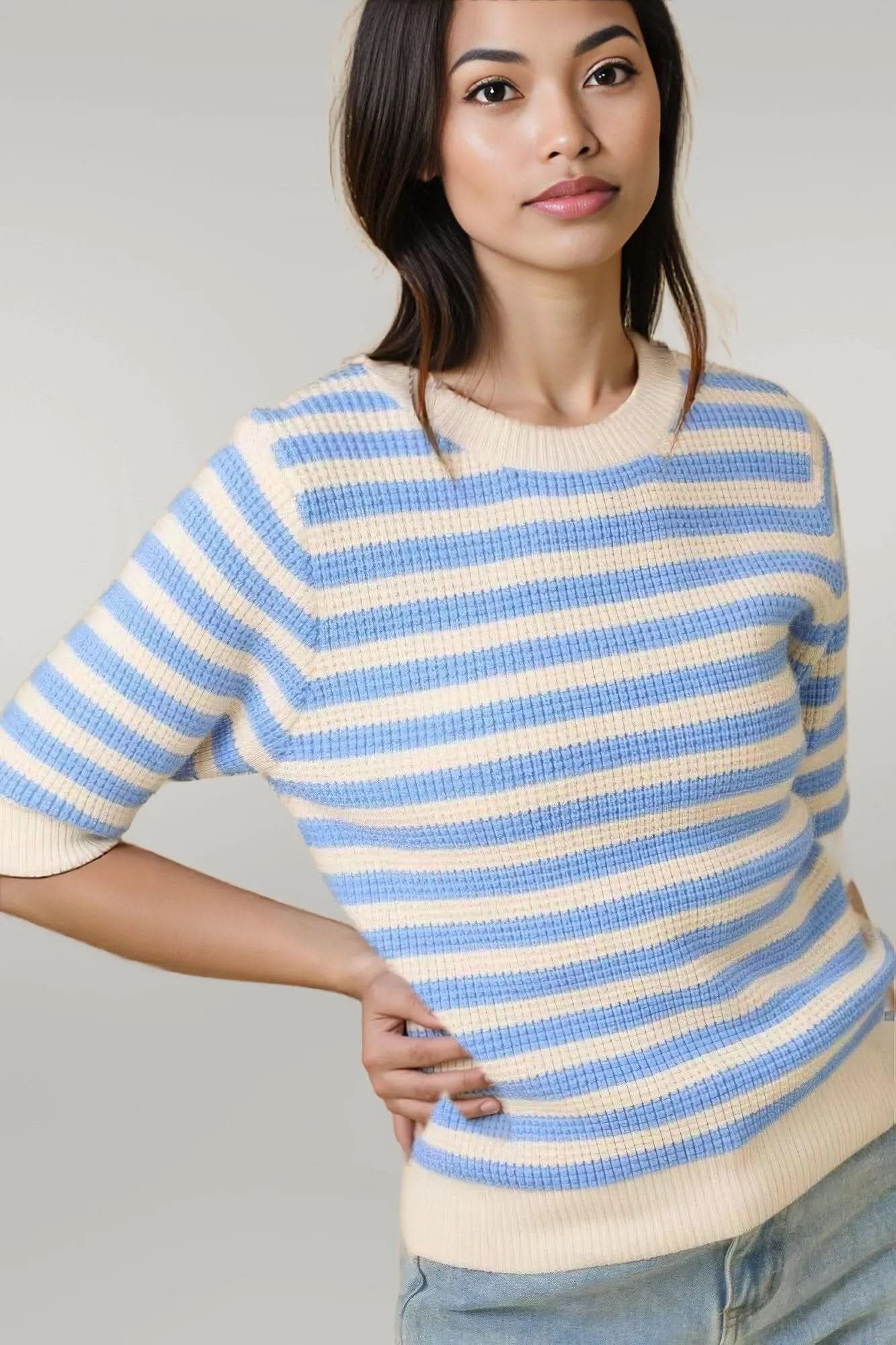 Short Sleeve Sweater Knit Stripe Top