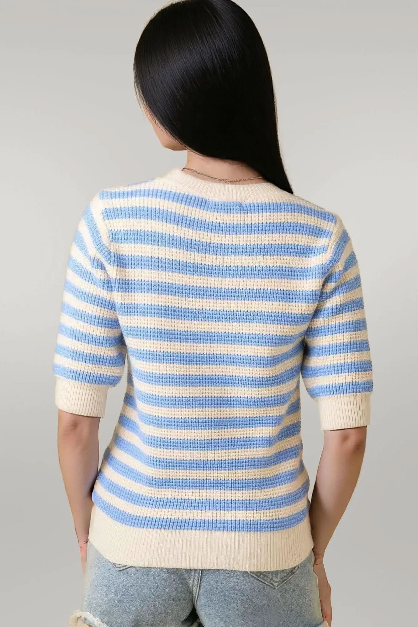 Short Sleeve Sweater Knit Stripe Top