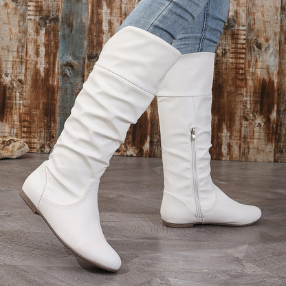 Solid Color Pleated High Top Side Simple Zipper Fashionable Comfortable Boots