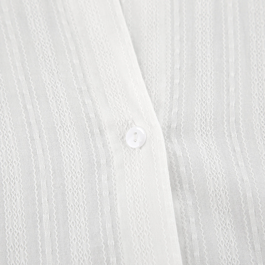 French White Convex Jacquard Collared Loose Shirt