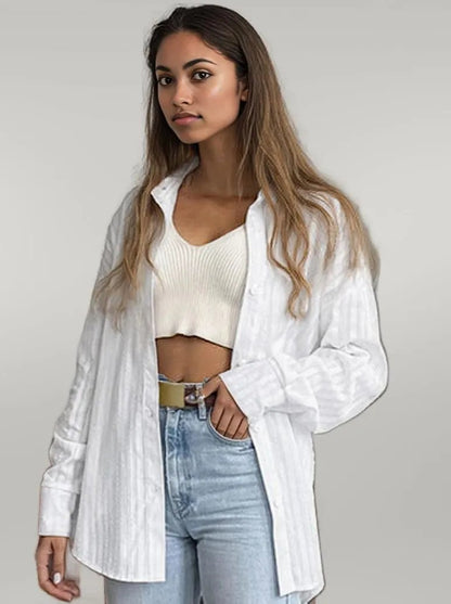 French White Convex Jacquard Collared Loose Shirt