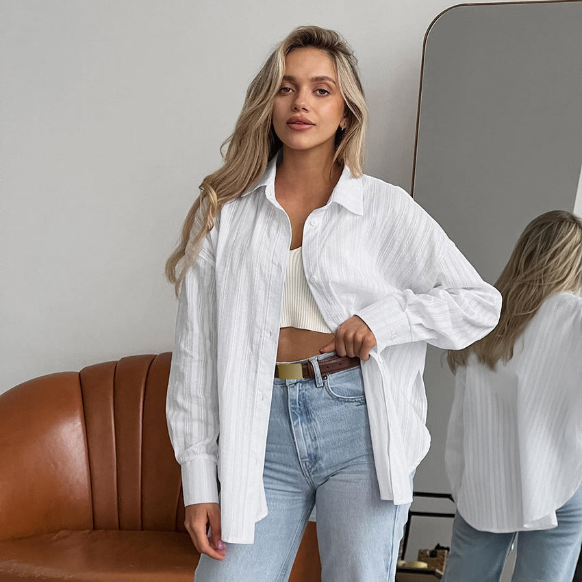 French White Convex Jacquard Collared Loose Shirt White