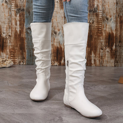 Solid Color Pleated High Top Side Simple Zipper Fashionable Comfortable Boots