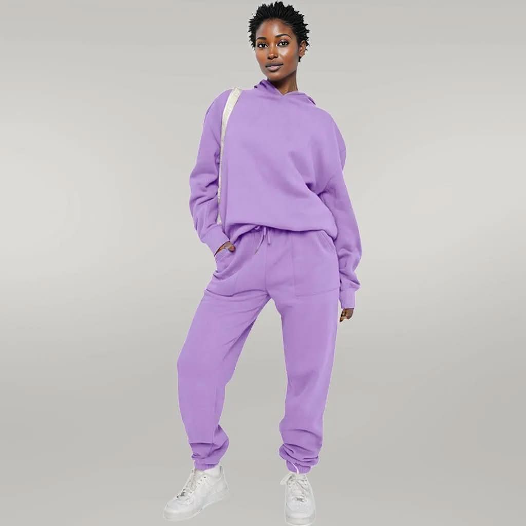 Solid Color Hooded Sweater Pants Set Women Purple