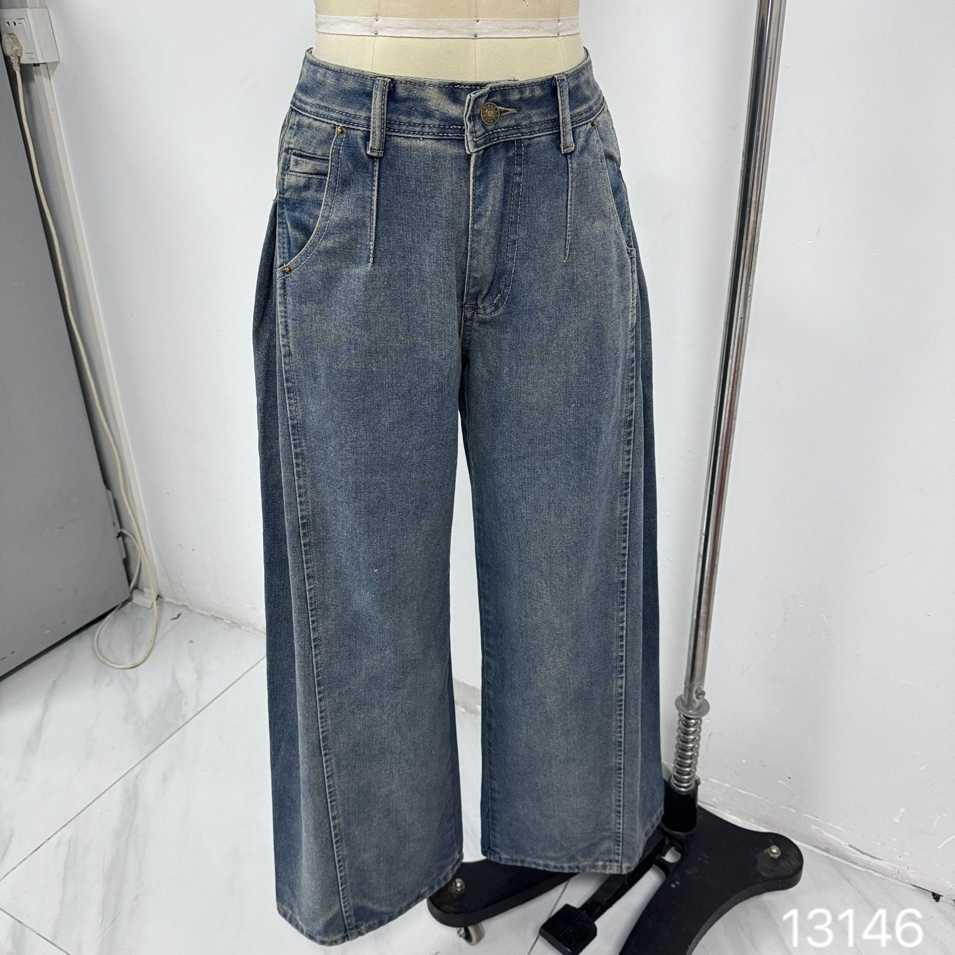 Wide Leg Jeans Tide Brand Women Clothing Washed Worn Loose Straight Long Pants