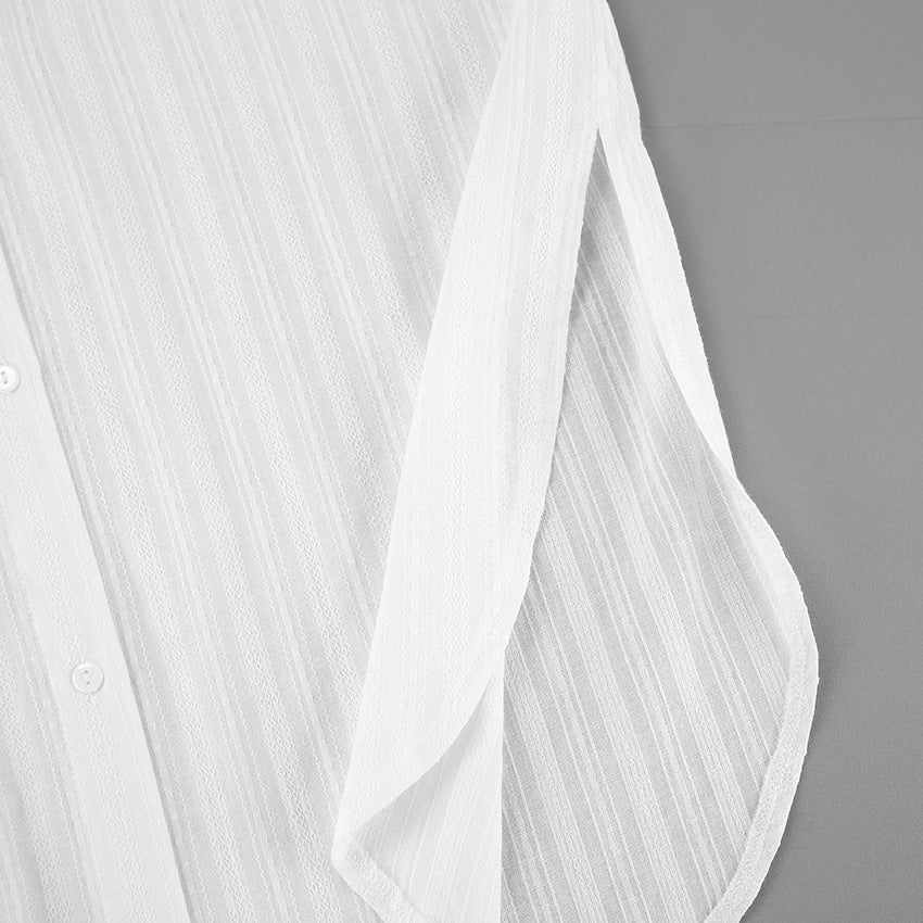 French White Convex Jacquard Collared Loose Shirt