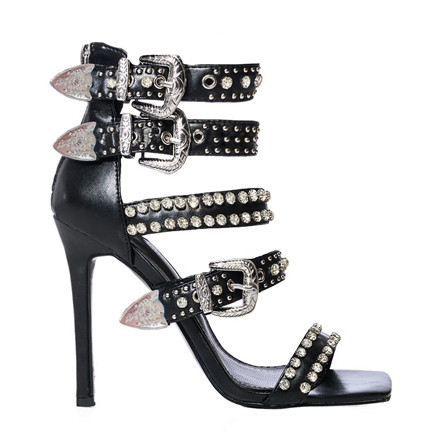 Rhinestone Rivet Stiletto Heels Black pu