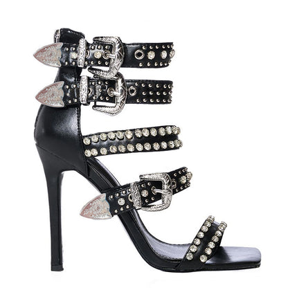 Rhinestone Rivet Stiletto Heels Black pu