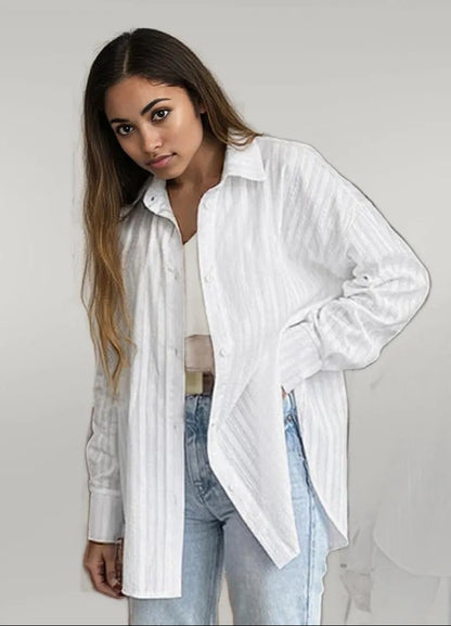 French White Convex Jacquard Collared Loose Shirt