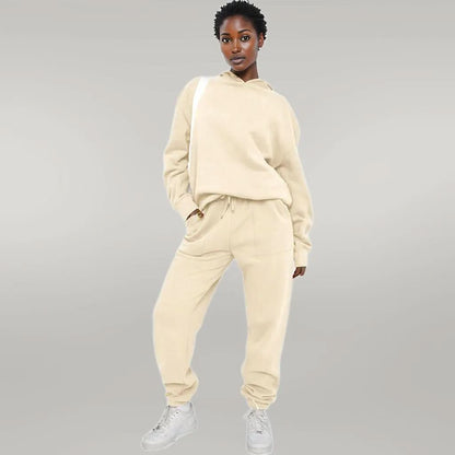 Solid Color Hooded Sweater Pants Set Women Apricot