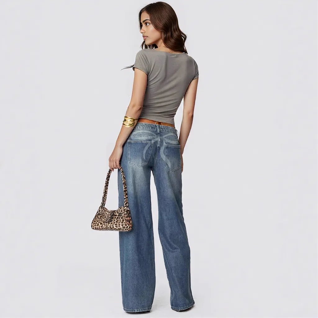 Loose Wide Leg Printed Denim Trousers Women Jeans