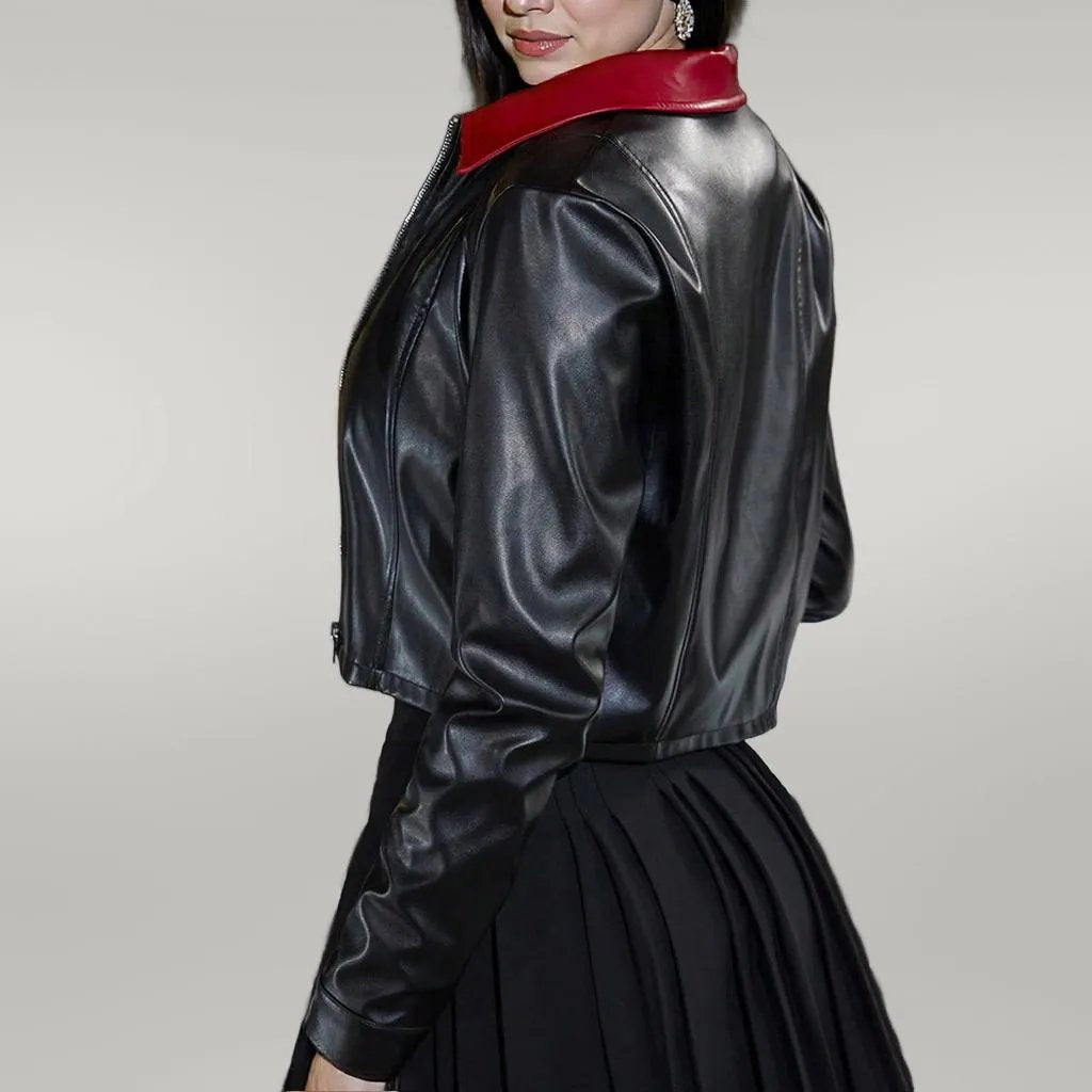 Slim Collared Long Sleeve Short Faux Leather Jacket