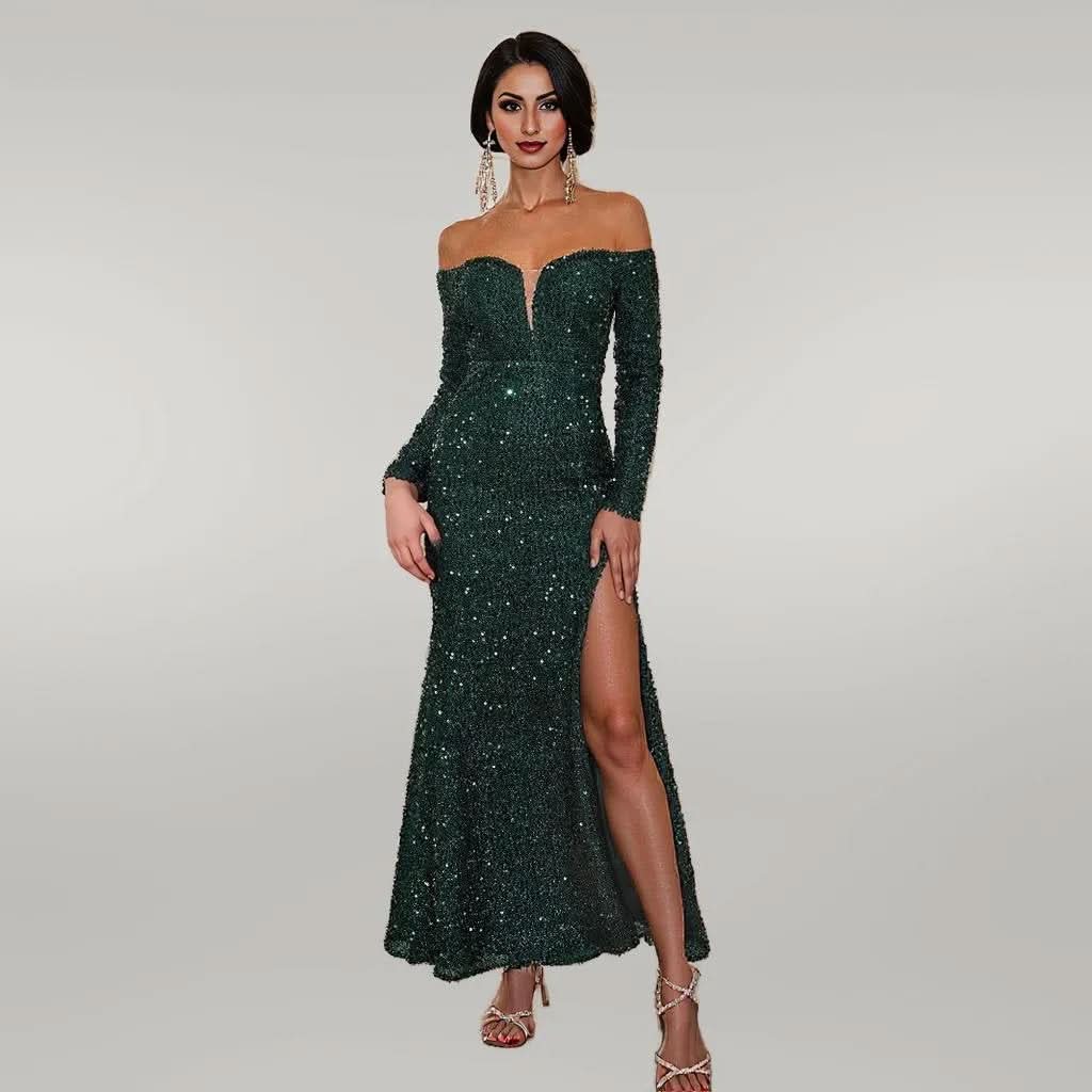 Sequined Solid Color High Waist off Neck Solid Color Cocktail Dress Evening Dress