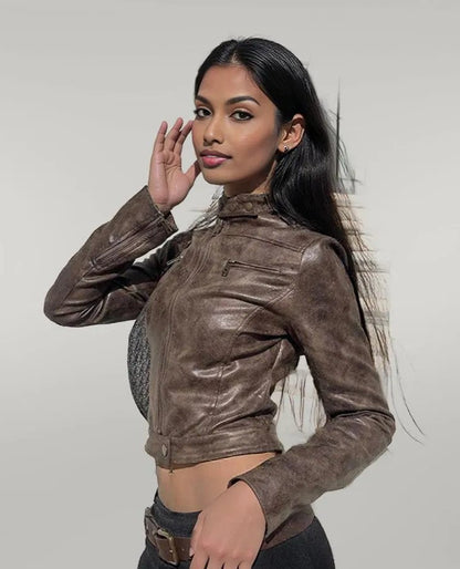 Slimming Stand Collar Faux Leather Jacket