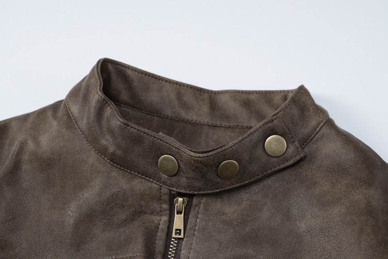 Slimming Stand Collar Faux Leather Jacket