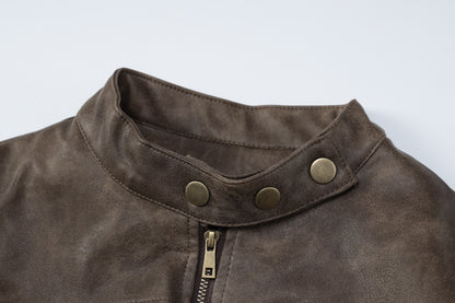 Slimming Stand Collar Faux Leather Jacket