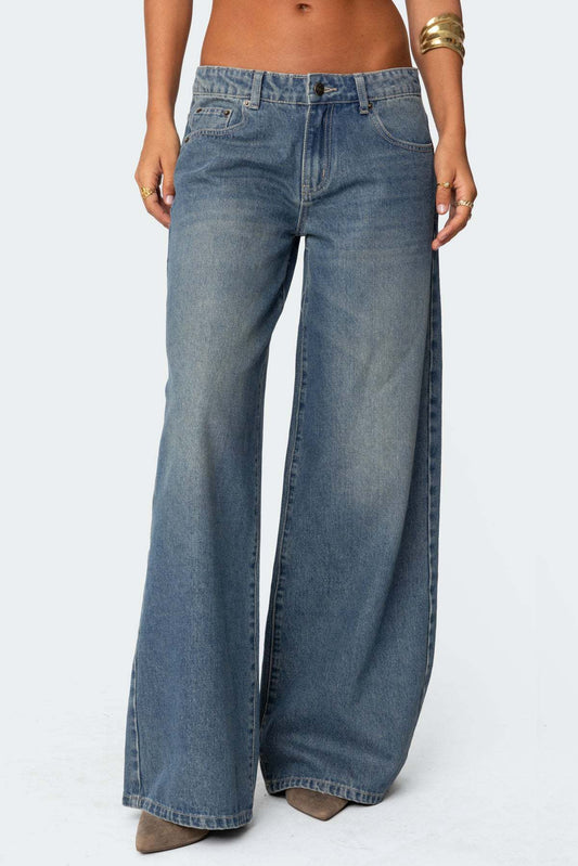 Loose Wide Leg Printed Denim Trousers Women Jeans Navy Blue