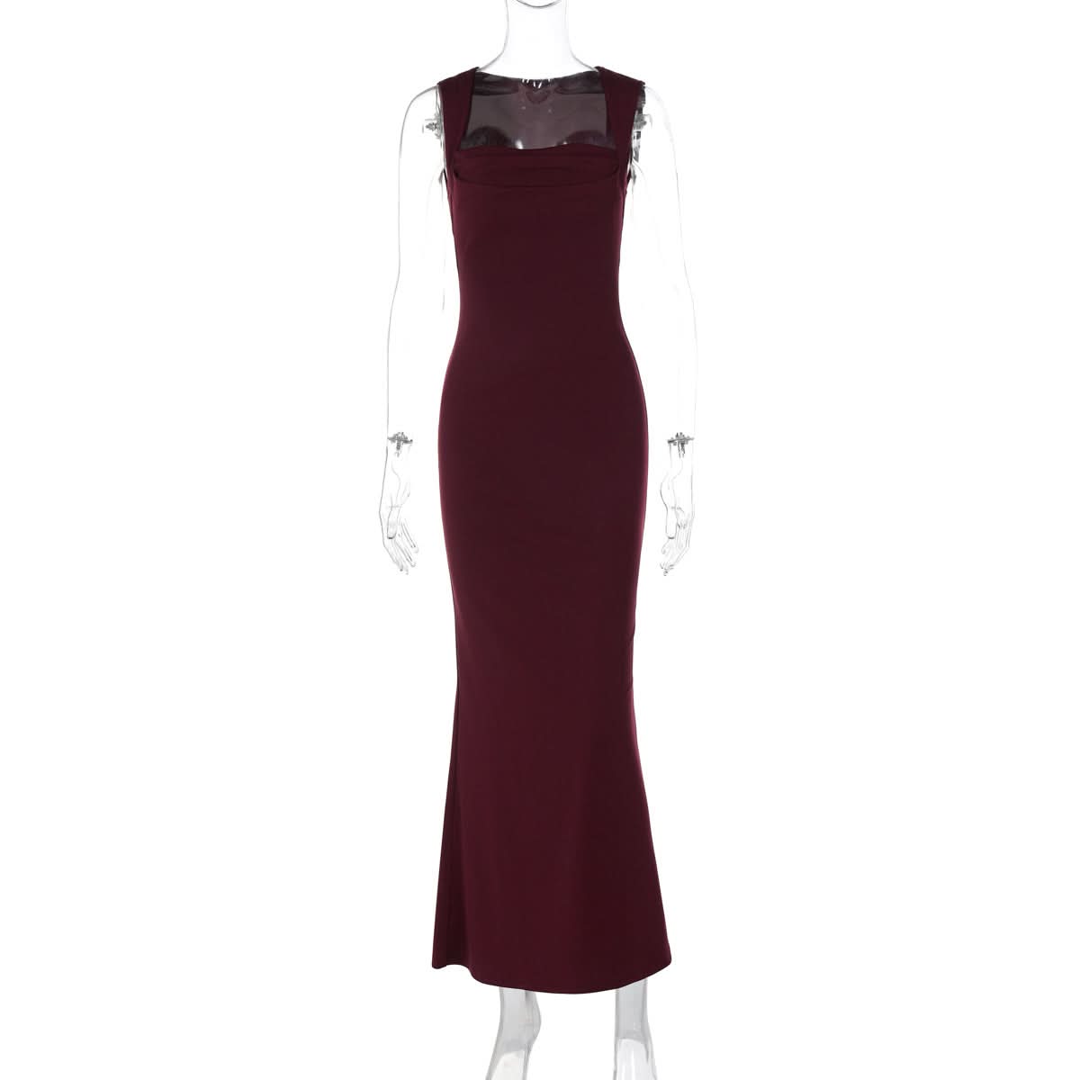 Slim Fit Square Collar Sleeveless Waist Slimming Dress Burgundy