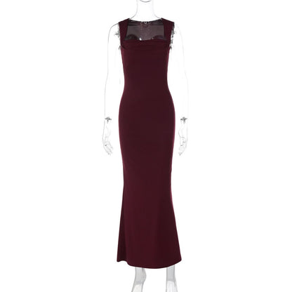 Slim Fit Square Collar Sleeveless Waist Slimming Dress Burgundy
