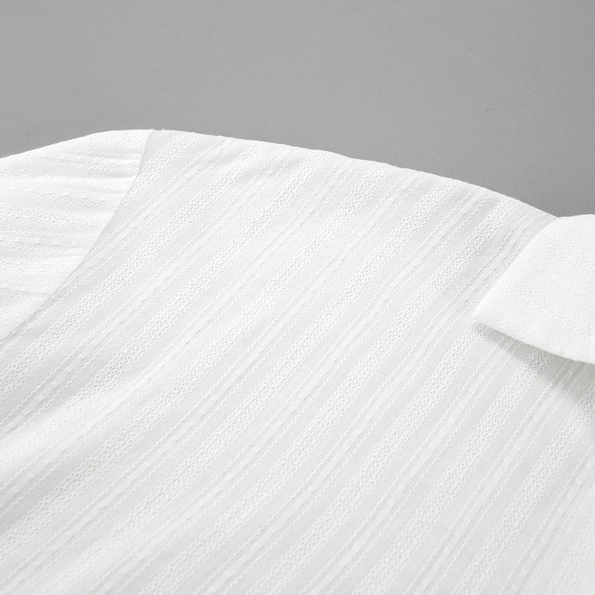 French White Convex Jacquard Collared Loose Shirt