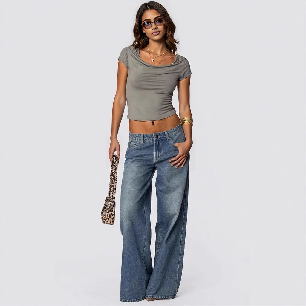 Loose Wide Leg Printed Denim Trousers Women Jeans