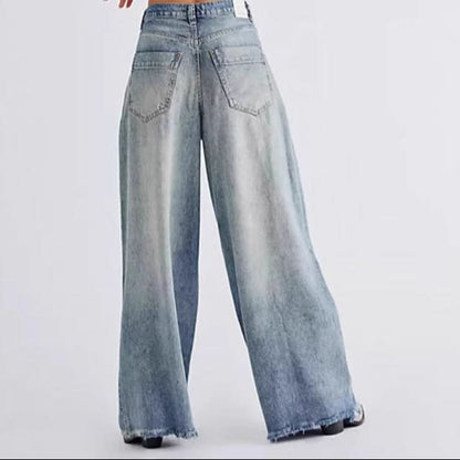 Retro Washed High Waist Drooping Straight Wide Leg Denim Trousers