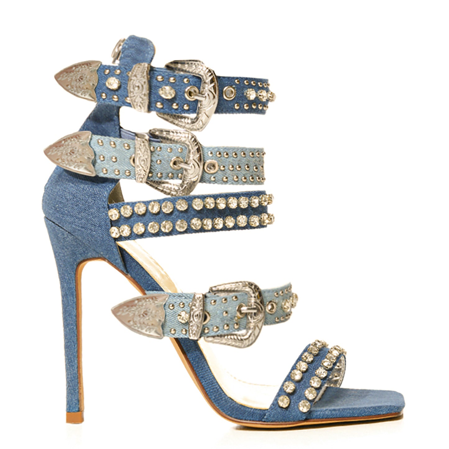 Rhinestone Rivet Stiletto Heels Denim