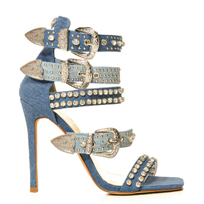 Rhinestone Rivet Stiletto Heels Denim