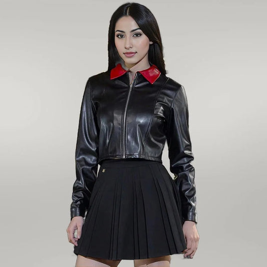 Slim Collared Long Sleeve Short Faux Leather Jacket