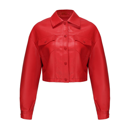 Classic Single Breasted PU Leather Jacket for Women Red