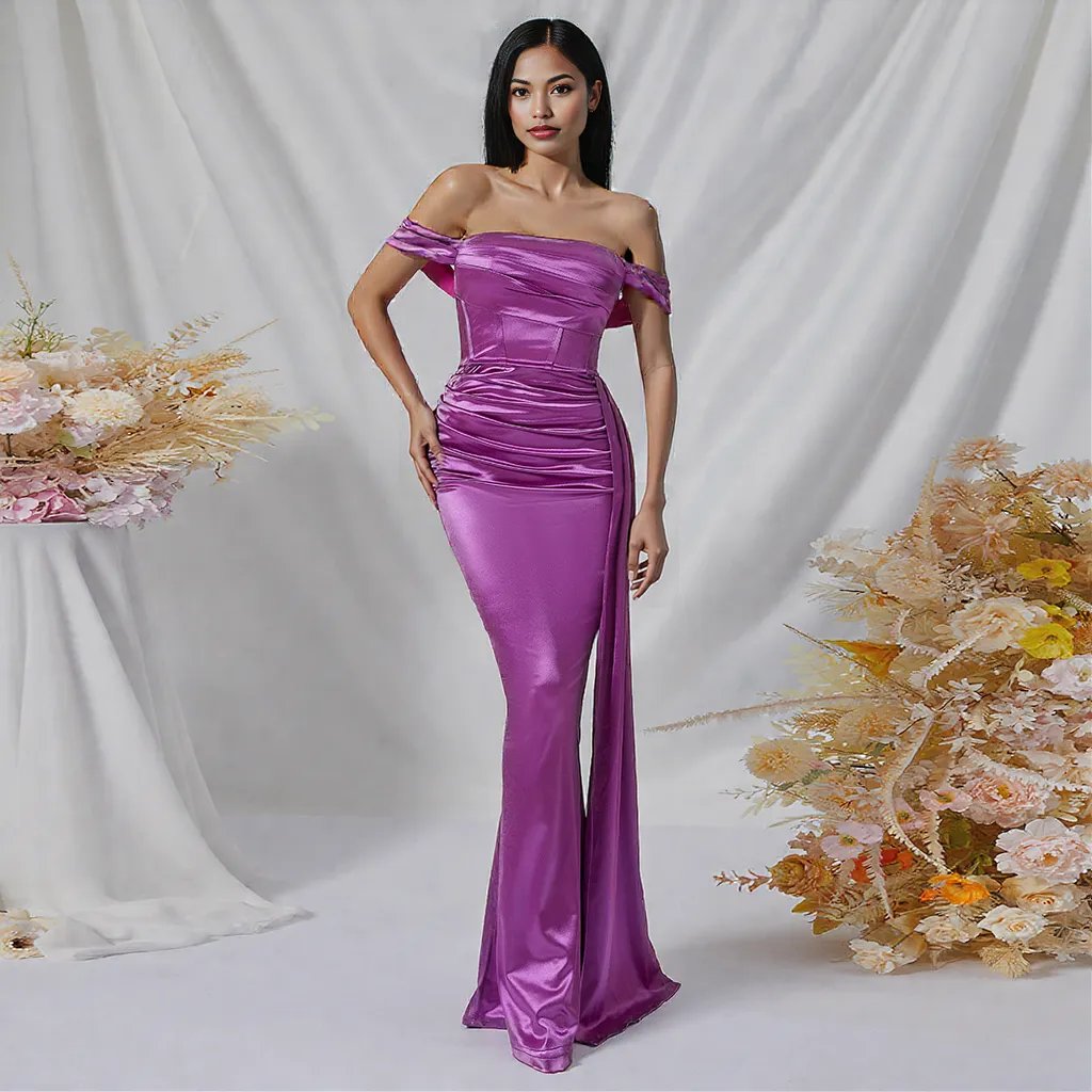 Long Tail Sheath off the Shoulder Split Dress Purple