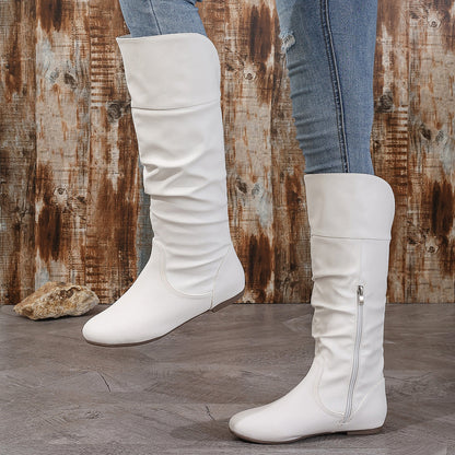 Solid Color Pleated High Top Side Simple Zipper Fashionable Comfortable Boots