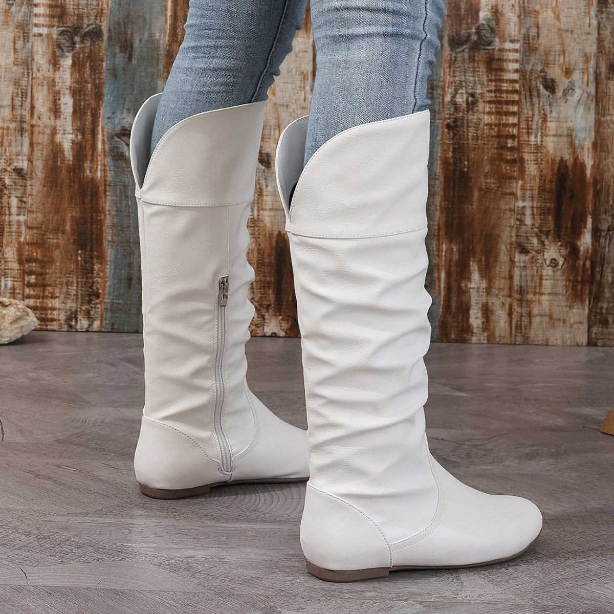 Solid Color Pleated High Top Side Simple Zipper Fashionable Comfortable Boots