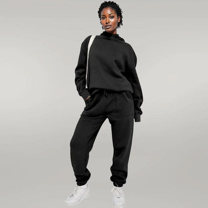 Solid Color Hooded Sweater Pants Set Women Black