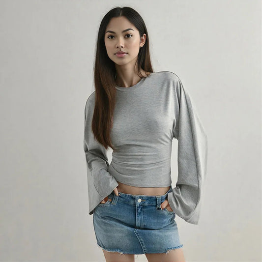 Solid Color Waist Tight Slimming Long Sleeve Gray