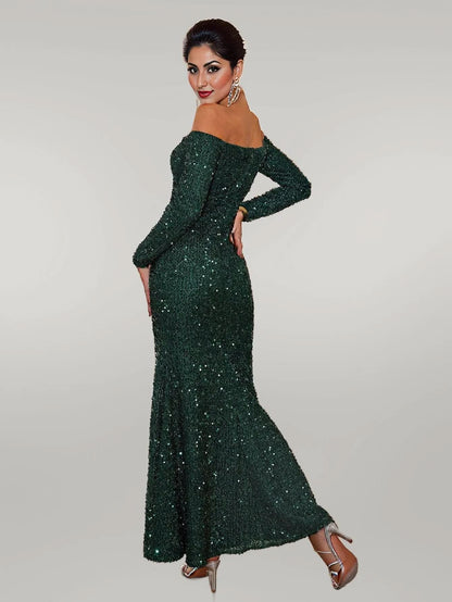 Sequined Solid Color High Waist off Neck Solid Color Cocktail Dress Evening Dress