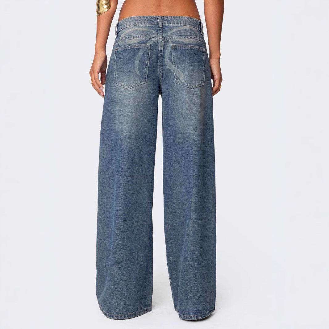 Loose Wide Leg Printed Denim Trousers Women Jeans