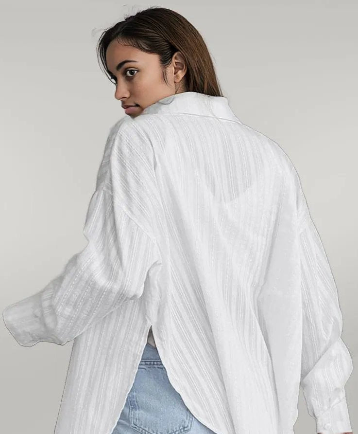 French White Convex Jacquard Collared Loose Shirt