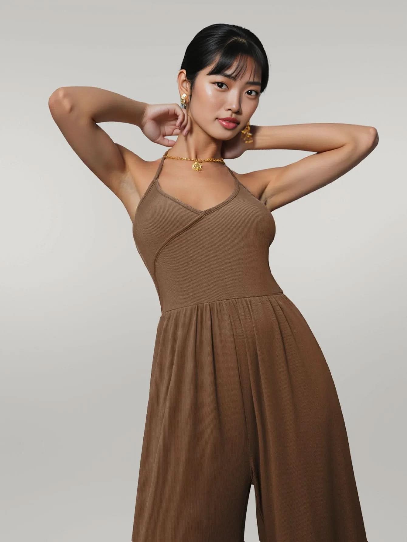 Drape Knit Lace up Halterneck One Piece Trousers Dark Brown