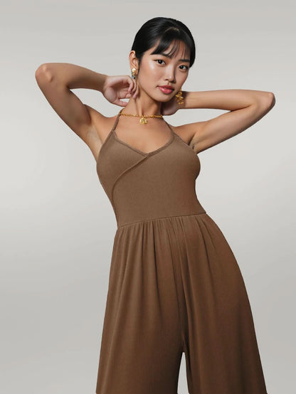 Drape Knit Lace up Halterneck One Piece Trousers Dark Brown