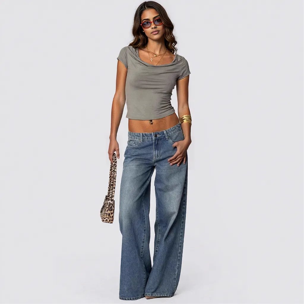 Loose Wide Leg Printed Denim Trousers Women Jeans
