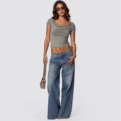 Loose Wide Leg Printed Denim Trousers Women Jeans