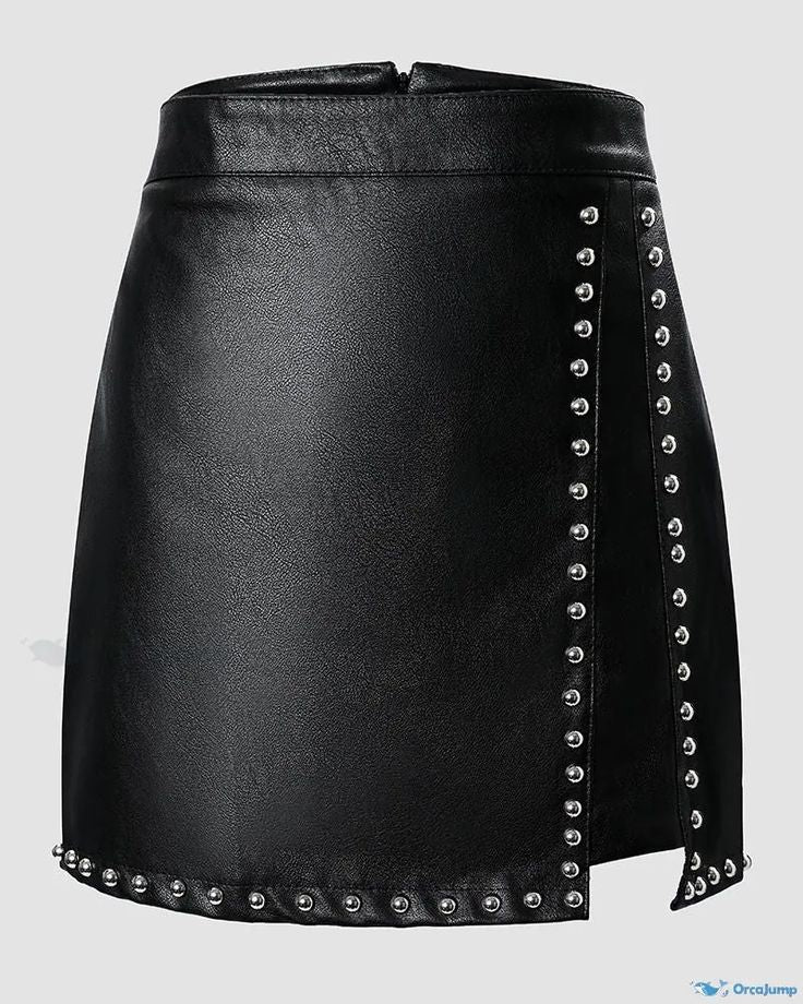 Beads Mini Faux Leather Sheath Slim Fit Zipper Sexy Skirt
