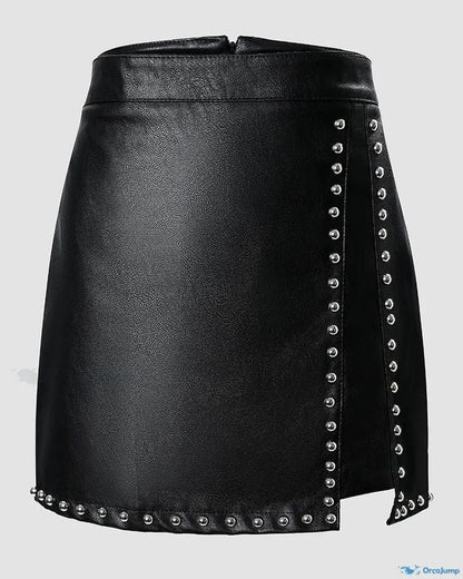 Beads Mini Faux Leather Sheath Slim Fit Zipper Sexy Skirt