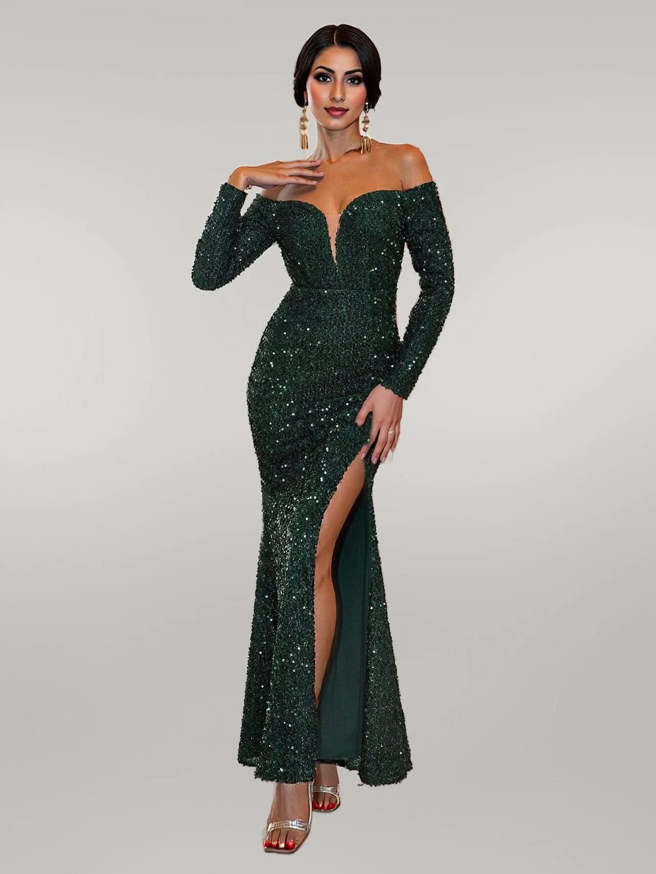 Sequined Solid Color High Waist off Neck Solid Color Cocktail Dress Evening Dress