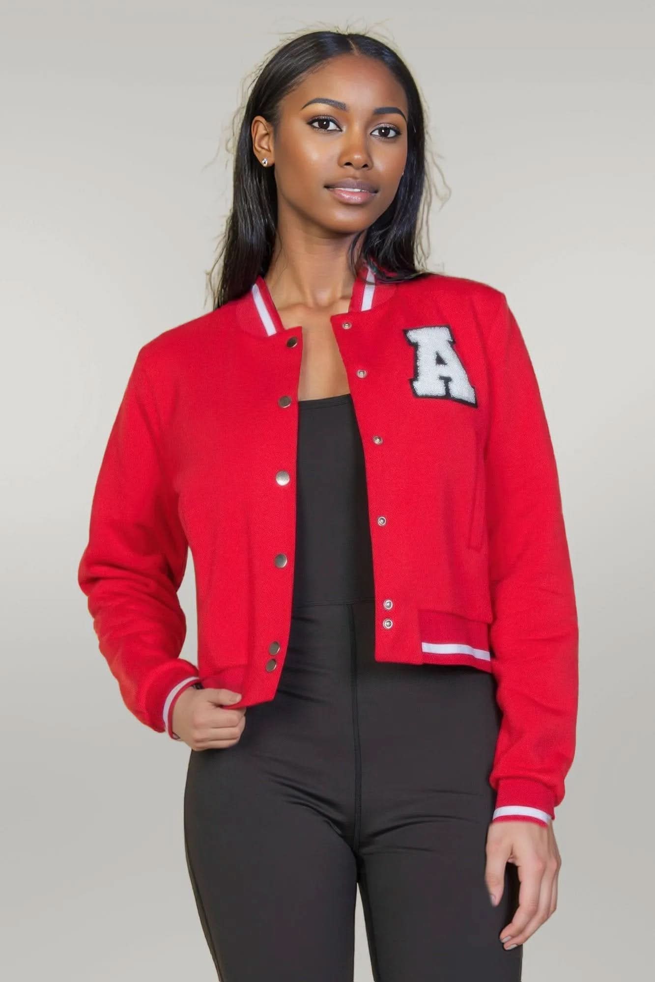 Ezwear Letter Patched Crop Varsity Jacket Red