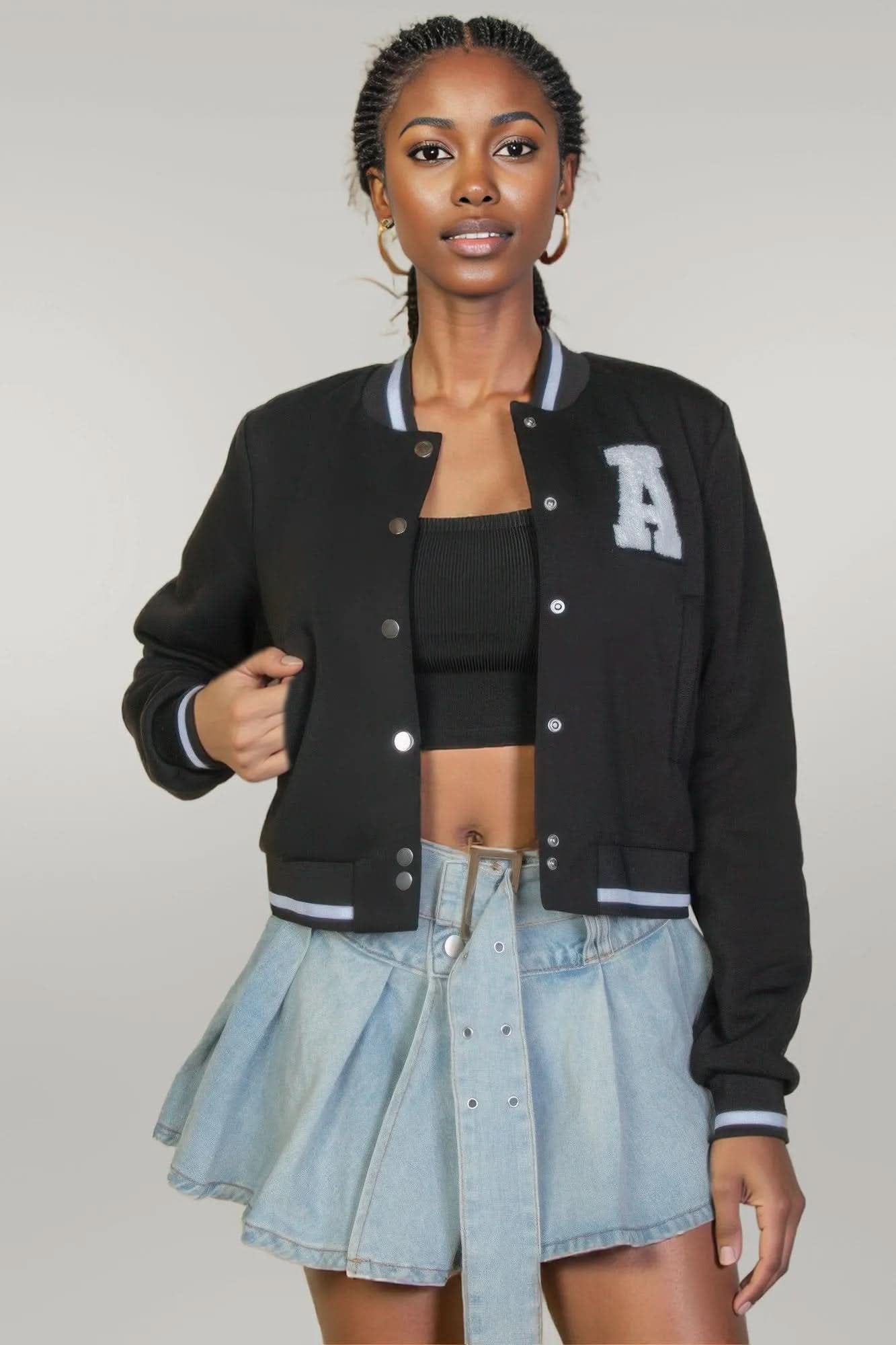 Ezwear Letter Patched Crop Varsity Jacket Black