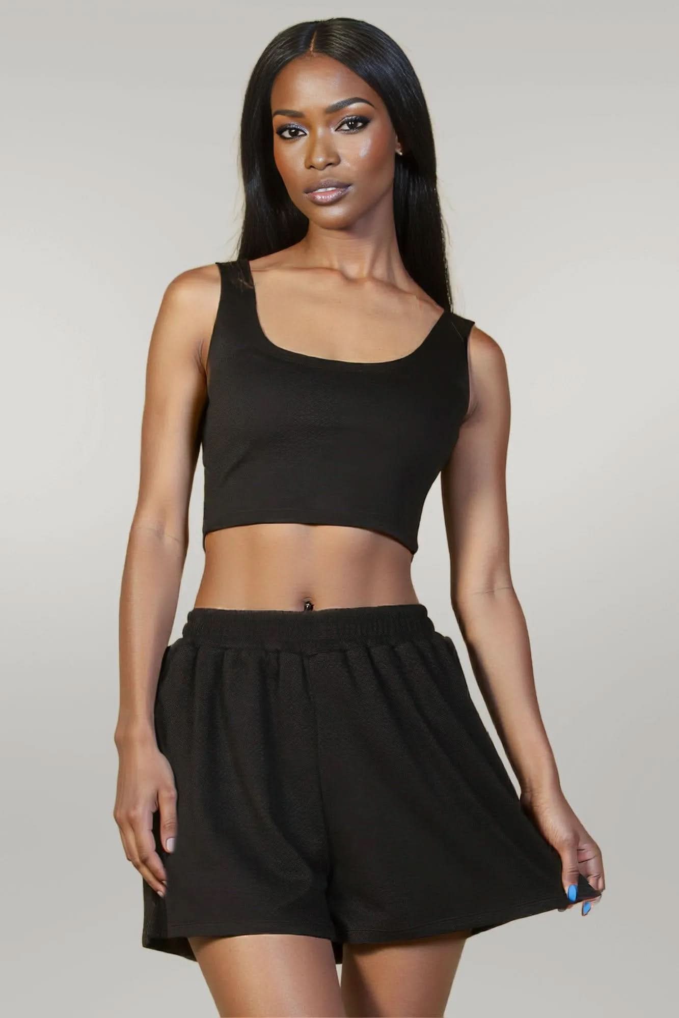 Crop Tank Top And Shorts Set Black